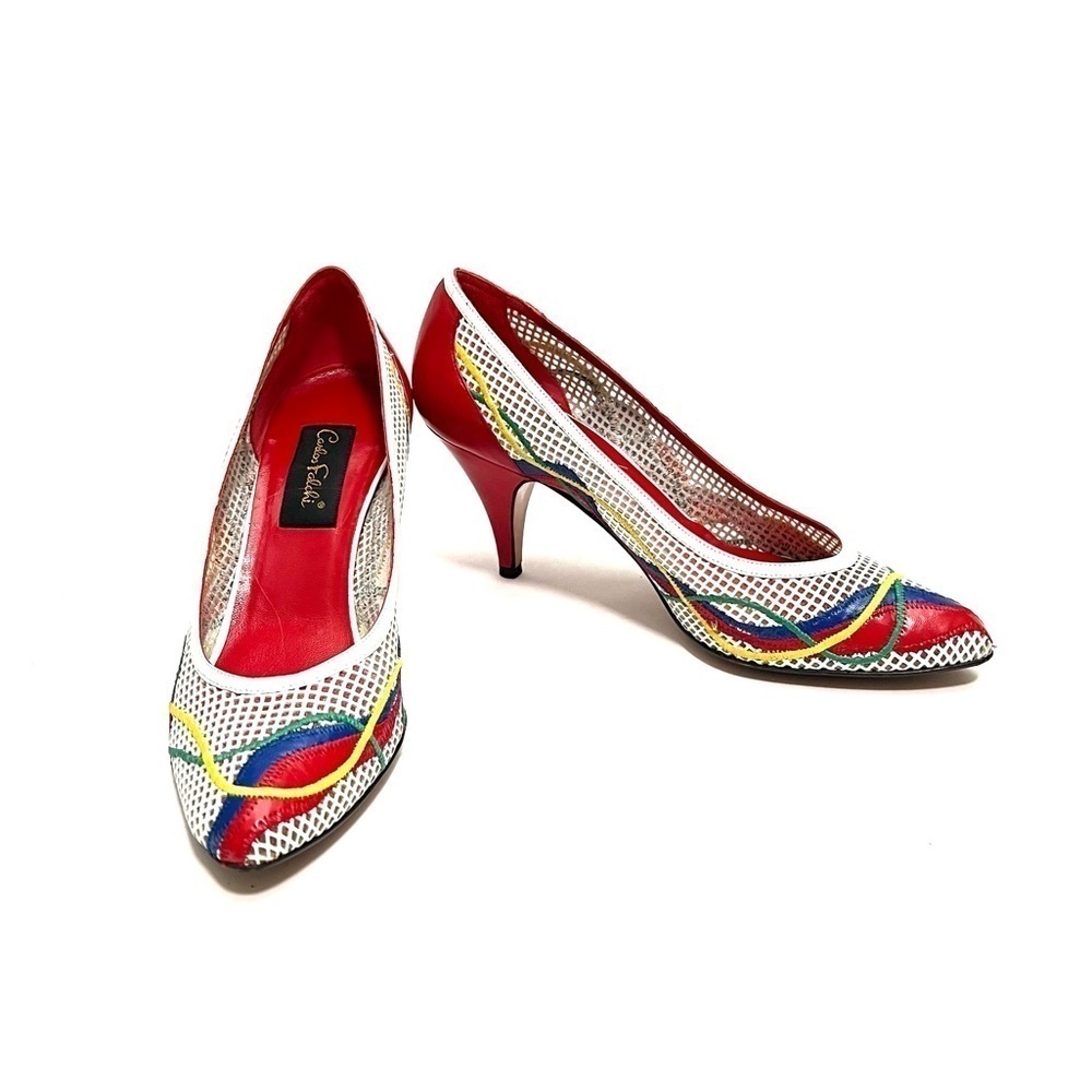 Vintage 1980s white leather illusion netting primary color stripe appliqué heels - Picture 4 of 8